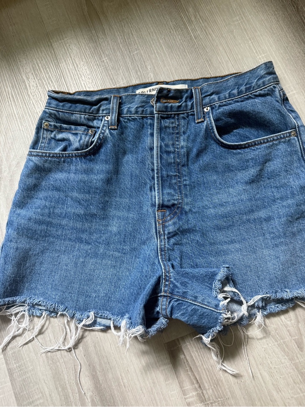 GRLFRND Blue Distressed High-Rise Denim Shorts